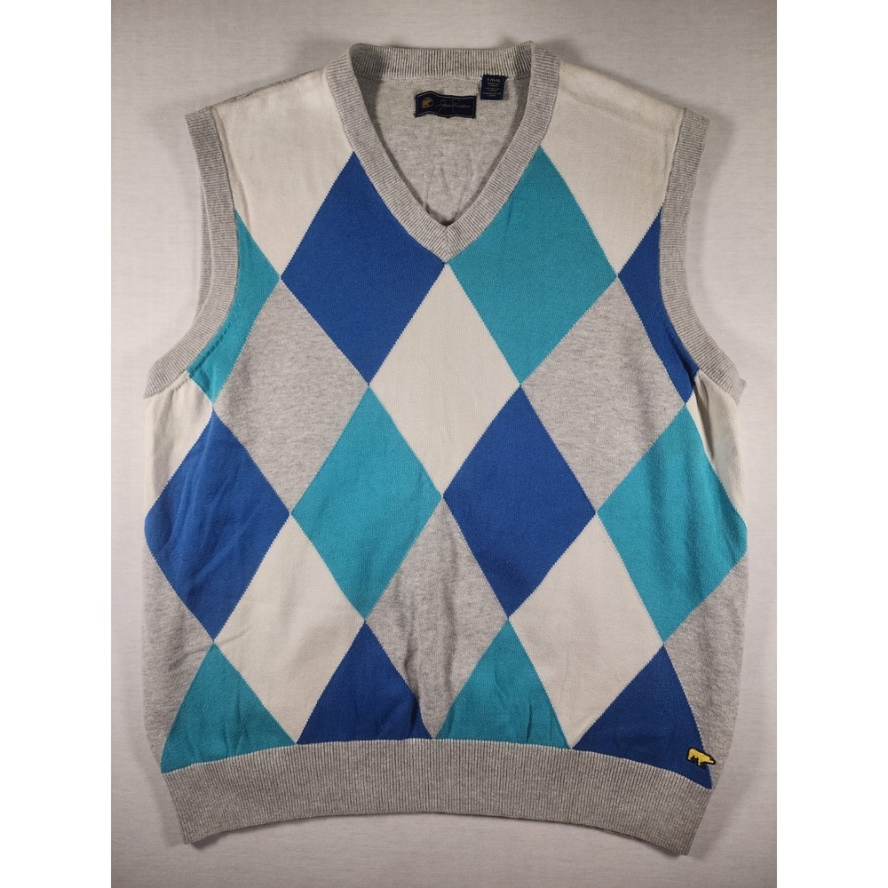 Jack Nicklaus Golden Bear Mens Large Blue Argyle Cotton Sweater Vest Golf Preppy